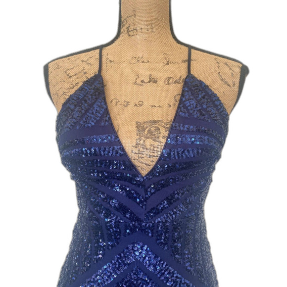 PromGirl Sequin Lace Up Back Mini Dress Semiformal Plunge Navy Blue Size Small - Picture 2 of 5